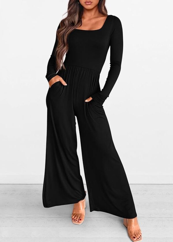 KIRUNDO Women's 2025 Spring Fall Long Sleeve Wide Leg Jumpsuits Casual Dressy One Piece Square Neck Long Romper Pockets - Image 4