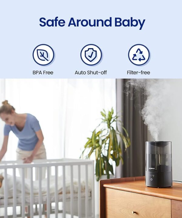 Humidifiers for Bedroom, Cool Mist Humidifier for Home Plant and Baby Nursery, Quiet Ultrasonic Humidifier with 360° Nozzle, Auto Shut-Off, Filterless, Black - Image 3