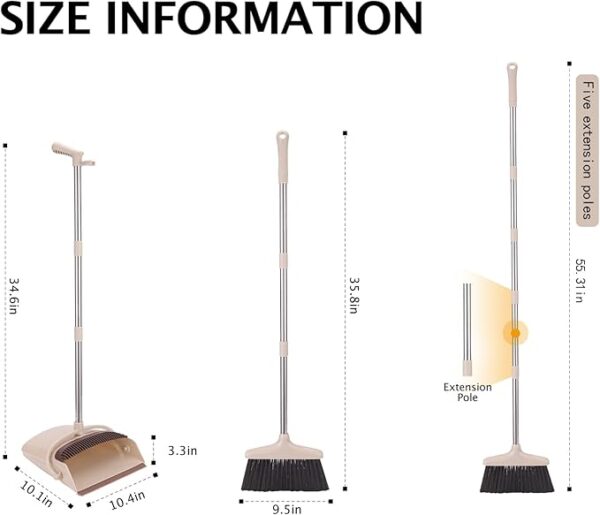 Broom and Dustpan Set with Long Handle, Light Weight Stainless Steel Poles Stand Upright Dustpans with Broom Combo for Home Kitchen Office Pet Dog Hair, Brown & Beige Color, 1-Pack - Image 3