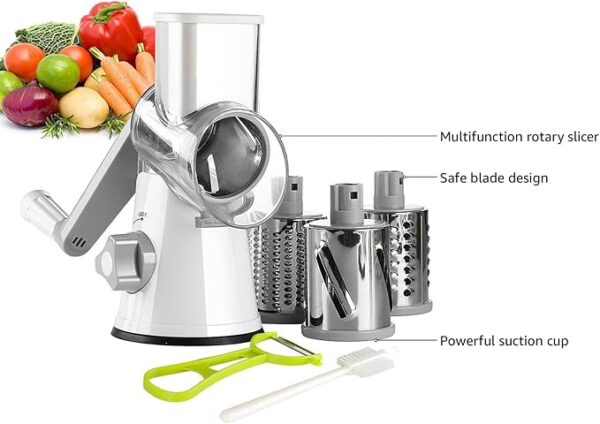 Ourokhome Rotary Cheese Grater Hand Crank, Kitchen Shredder Speed Mandolin Slicer Nuts Grinder with Handle and Drum Blades for Cheese, Vegetable, Walnuts, Chocolate, Potato, Carrot, 3 Blades, White - Image 4