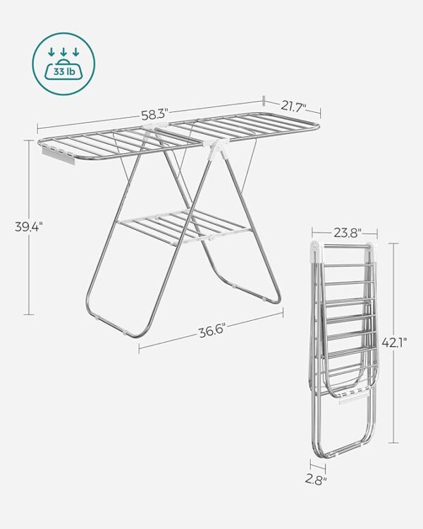 SONGMICS Clothes Drying Rack, with Sock Clips, Metal Laundry Rack, Foldable, Space-Saving, Free-Standing Airer, with Height-Adjustable Gullwings, Indoor Outdoor Use, Silver and White ULLR052W01 - Image 3