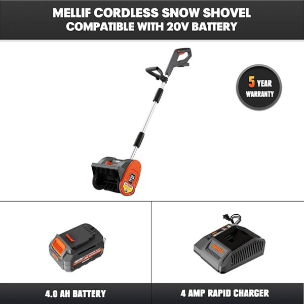 Mellif Brushless Snow Shovel Compatible with DeWalt 20V Max Battery, 12in. Clear Width, 6in. Clear Depth, 17ft. Throw Distance, Heavy-Duty, Cordless, Mellif 20V 4.0Ah Battery & Charger Kit - Image 5