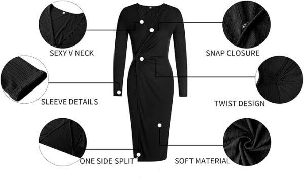 SHIBEVER Women's Long Sleeve Dress: Midi Casual V Neck Dresses Twist Waist Ribbed Knit Bodycon Slit Cocktail Party Dress - Image 2
