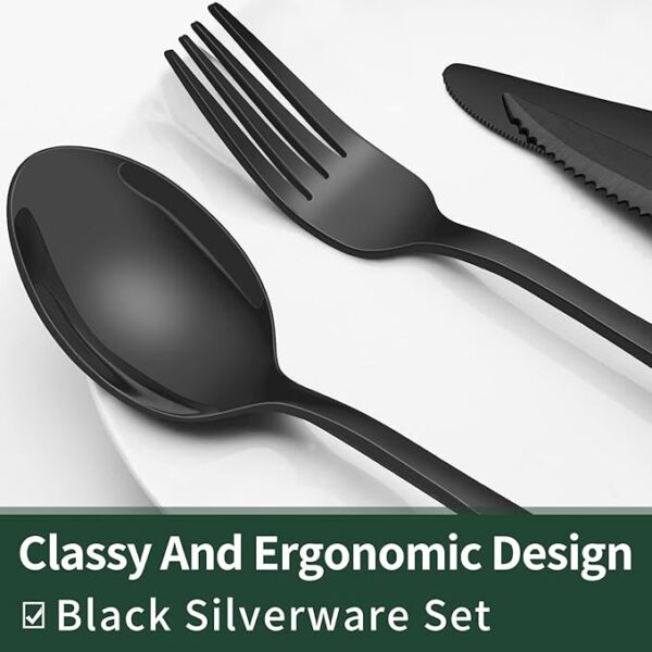 24-Piece Black Silverware Set with Steak Knives, Black Flatware Set for 4, Food-Grade Stainless Steel Tableware Cutlery Set, Mirror Finished Utensil Sets for Home Restaurant - Image 2