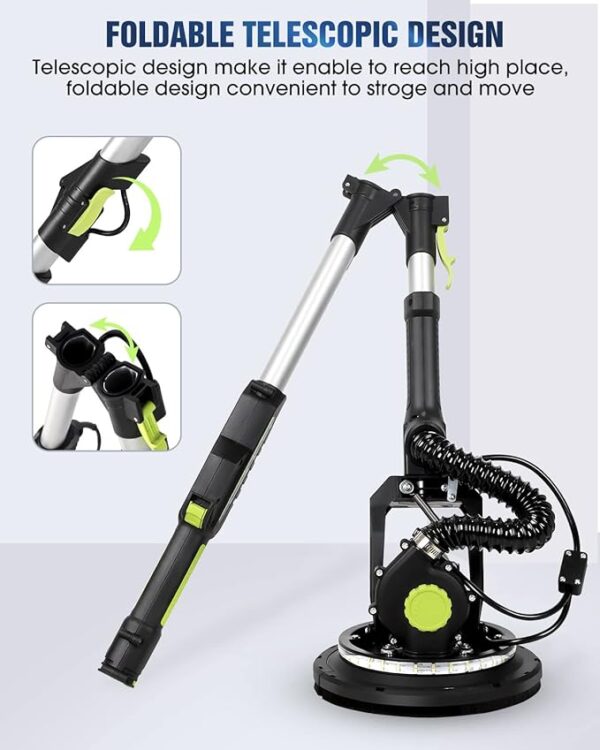 Drywall Sander, 7.2A Electric Drywall Sander with Vacuum Dust Collection, LED Light, 6 Variable Speed Digital Display 900-1800RPM, Foldable & Extendable Handle, 9 Sanding Discs&3 Grid Sandpaper - Image 6