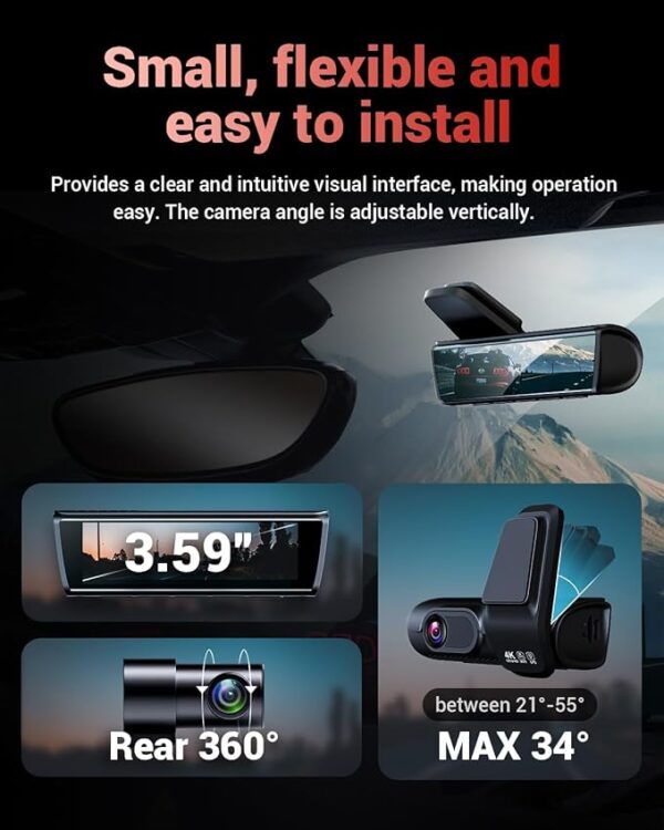 K600 4k Dash Cam Front and Rear, 3.59" IPS Screen, Built-in GPS 5G WiFi Dash Camera for Cars with App, UHD 2160P Night Vision Free 32G SD Card, 170° Wide Angle, HDR, 24H Parking Mode - Image 6