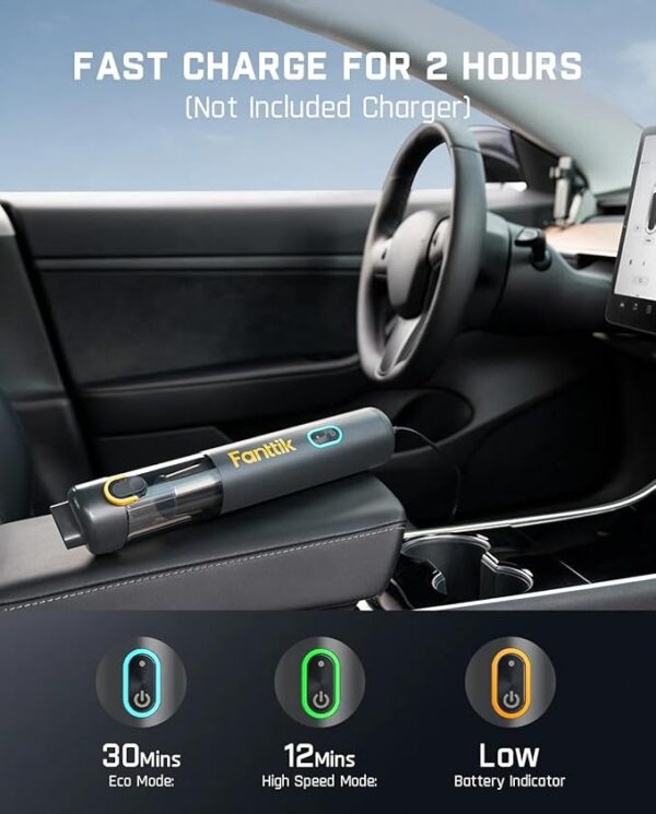 Fanttik Slim V8 Mate Cordless Car Vacuum Suction Power 12000Pa, Portable Mini Vacuum with Flexible Hose and Pet Brush, Type-C Charge, Portable Vacuum for Car, Office Desk, Keyboards, Gray - Image 3