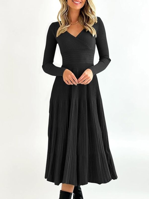 Saodimallsu Womens Long Sleeve Midi Sweater Dress Wrap V Neck Pleated A Line Fit Flare Elegant Knit Maxi Dress - Image 3