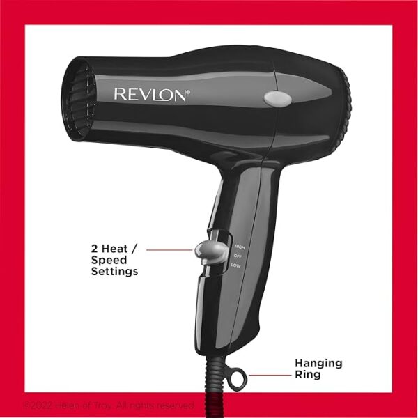 REVLON Travel Hair Dryer | Salon-Style Blowouts, Lightweight Design, 1875 Watts for Fast Drying with 2 Heat & Speed Settings for Drying and Styling Flexibility (Black) - Image 3