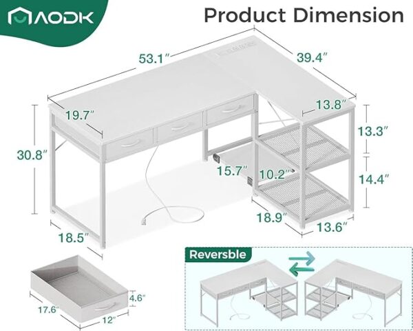 AODK 53 Inch L Shaped Computer Desk with Drawers, Corner Desk with Power Outlets & Reversible Storage Shelves, Movable CPU Stand for Home Office Gaming, White - Image 2