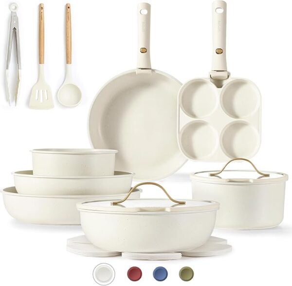 CAROTE 19pcs Pots and Pans Set Non Stick, Cookware Set with Detachable Handle, Kitchen Cookware Sets with Removable Handle, RV Cookware Set, Oven Safe, Cream White