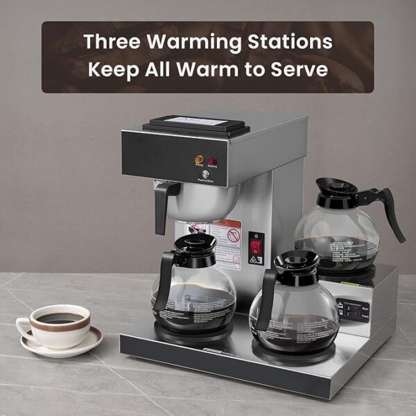 SYBO 12-Cup Commercial Coffee Maker, Pour Over Drip Coffee Maker Brewer with 3 Lower Warmers and 3 Glass Decanters, Stainless Steel Cafetera - Image 4