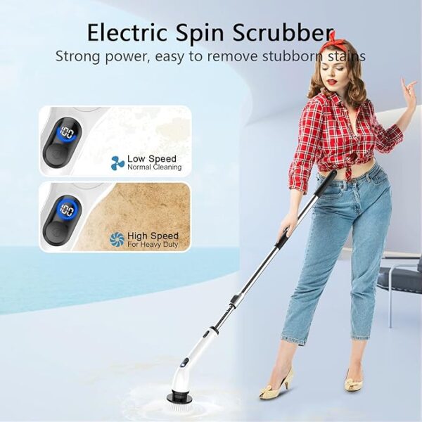 TUYU Electric Spin Scrubber, New Full-Body IPX7 Waterproof Bathroom Scrubber with Power LCD Display, Adjustable Extension Handle, Cordless Electric Cleaning Brush for Bathroom, Kitchen Cleaning - Image 6