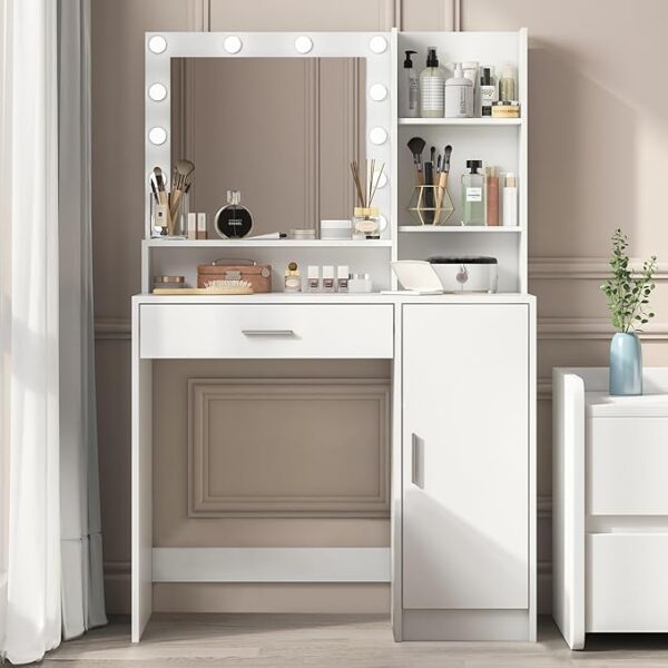Vanity Desk with Mirror and Light, Large Drawer and Three Level Storage Dresser, 3 Lighting Modes Adjustable Brightness, Bedroom Dressing Table (White)
