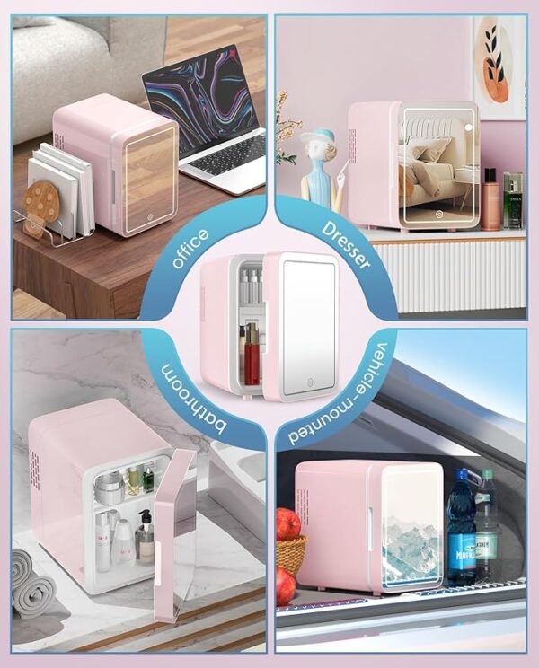 Skincare Fridge With Dimmable LED Light Mirror, 4L Makeup Mini Fridge for Bedroom, Car, Office & Dorm, Cooler & Warmer, Portable Small Refrigerator for Cosmetics, Skin Care and Food, Pink - Image 3
