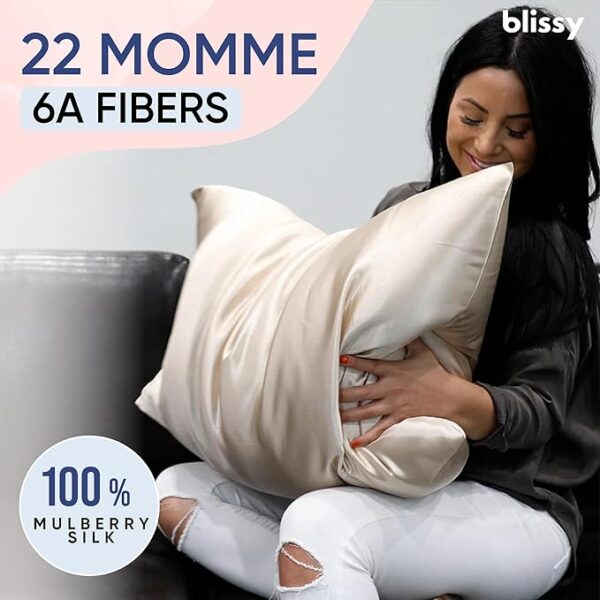 Blissy Silk Pillowcase - 100% Pure Mulberry Silk - 22 Momme 6A High-Grade Fibers - Silk Pillow Cover for Hair & Skin - Regular, Queen & King with Hidden Zipper (Standard, Champagne) - Image 2
