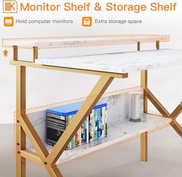 ODK Small Desk, 27.5 Inch Small Computer Desk for Small Spaces, Compact Desk with Storage, Tiny Desk Study Desk with Monitor Stand for Home Office, White Marble + Gold Leg - Image 5
