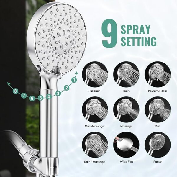 Filtered Shower Head with Handheld, High Pressure 9 Spray Mode Chrome Showerhead with Filters,detachable shower head,Water Softener Filters Beads for Hard Water -Remove Chlorine - Image 4