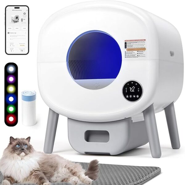 Self Cleaning Cat Litter Box: Extra Large Automatic Litter Box for Multiple Cats with Mat - Odor-Free Waste Disposal Litter Robot with App Control Ambient Light