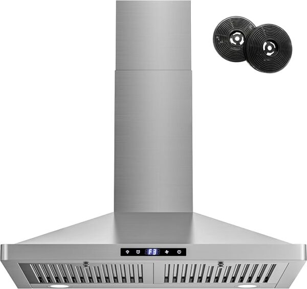 FIREGAS Range Hood 30 inch Wall Mount,450 CFM Ducted/Ductless Range Hood with Stainless Steel,Stove Hood Vent for Kitchen with 3 Speed Fan,Permanent Filters,Led Lights,Digital Touch,Charcoal Filter