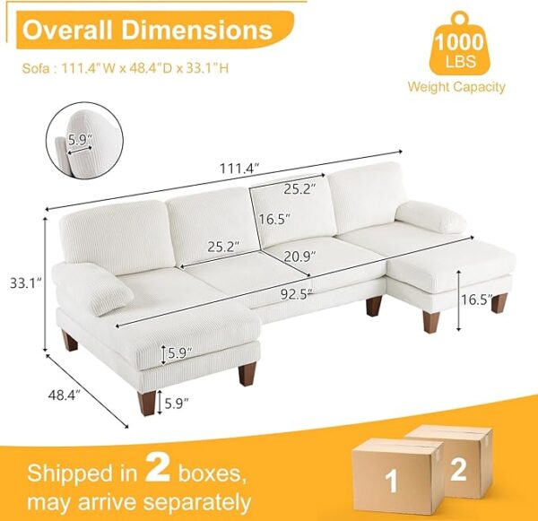 Karl home U-Shape Sectional Sofa Couch 111" Modern 4-Seat Sofa with Chaises Corduroy Fabric Upholstered Covertible Couch with Wood Grain Legs for Living Room, Reception Room, Apartment, Beige - Image 2