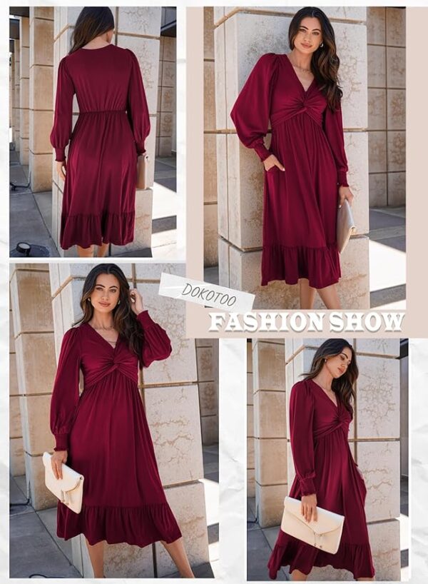 Dokotoo Womens 2024 Wrap V-Neck Twist Knot Long Sleeve Empire Waist Midi Maxi Dress A-Line Ruched Flowy Dress with Pockets - Image 6