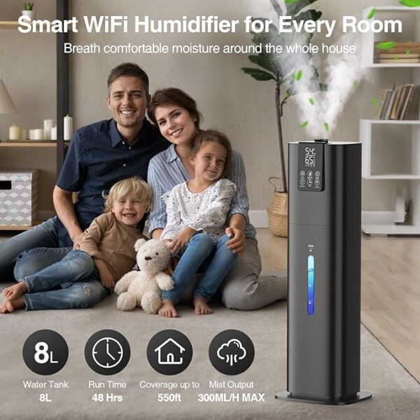 Smart Humidifiers Large Room Bedroom Home, 2.11Gal(8L) Quiet Top Fill Cool Mist Humidifier, Smart App & Remote Control, 3 Speed Humidifier with 360° Nozzle, Humidity Setting for Baby Office - Image 3