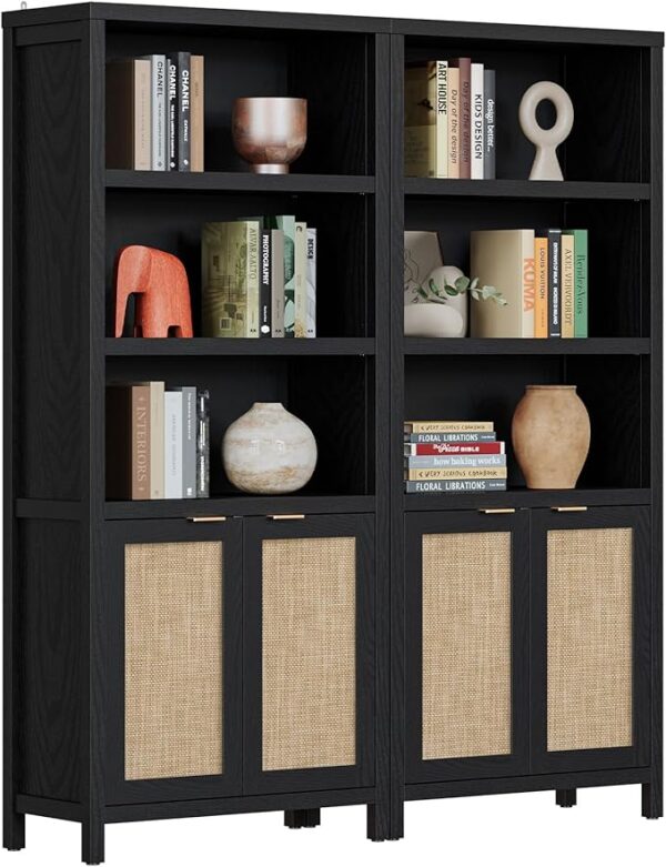 SICOTAS Bookcase 5 Tier Bookshelf Rattan Boho Tall Book Case Shelf with Doors Storage Wood Large Bookcase Farmhouse Bookshelves Library Shelves for Living Room Bedroom Home Office Kitchen (Black 2PCS)