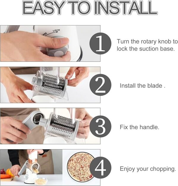 Ourokhome Rotary Cheese Grater Hand Crank, Kitchen Shredder Speed Mandolin Slicer Nuts Grinder with Handle and Drum Blades for Cheese, Vegetable, Walnuts, Chocolate, Potato, Carrot, 3 Blades, White - Image 5