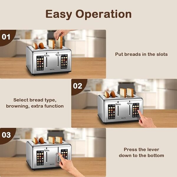 Mecity 4 Slice Toaster Touch Screen Control 4 Wide Slot, Stainless Steel Smart Bread Toaster for Bagel Muffin Waffle, Dual Control Pannel, Timer, Defrost, Reheat, 120V 1650W - Image 3