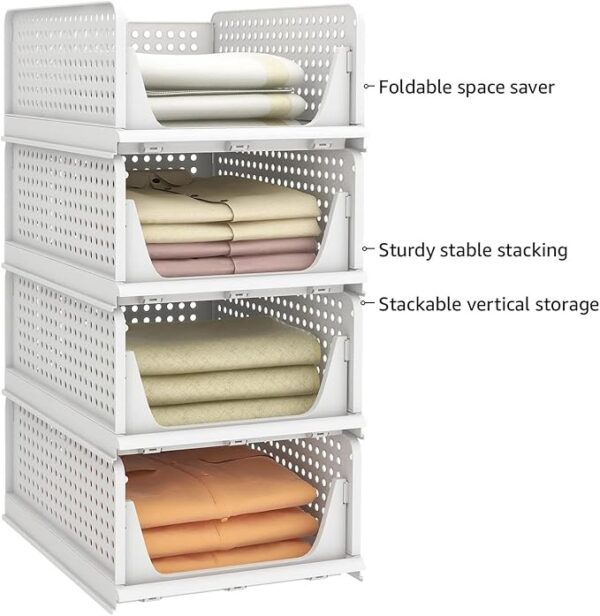 Pinkpum Stackable Plastic Storage Basket, Foldable Closet Organizers and Storage Bins 4 Pack Drawer Shelf Storage Container for Wardrobe Kitchen Bathroom Office Dorm White - Image 2