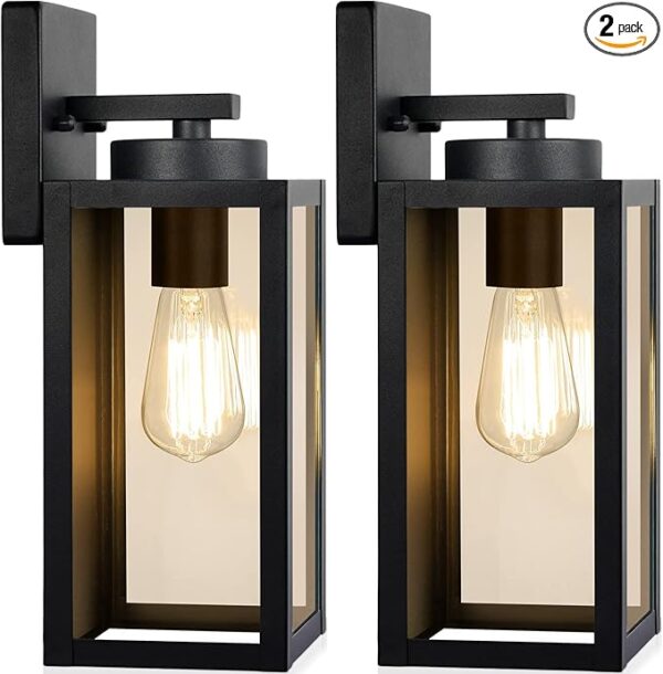Outdoor Wall Light Fixtures, Exterior Waterproof Lanterns, Porch Sconces Wall Mounted Lighting with E26 Sockets & Glass Shades, Modern Matte Black Wall Lamps for Patio Front Door Entryway, 2-Pack