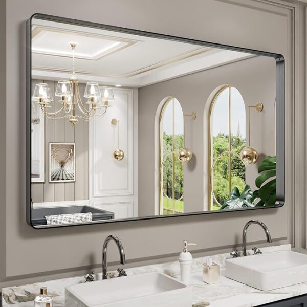 LOAAO 60X30 Inch Black Metal Framed Bathroom Mirror for Wall, Matte Black Bathroom Vanity Mirror Farmhouse, Large Rounded Rectangle Mirror, Anti-Rust, Tempered Glass, Hangs Horizontally or Vertically - Image 4