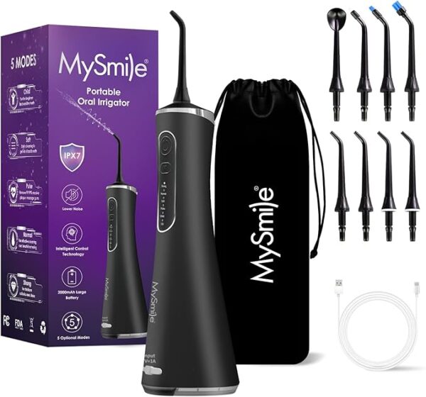 MySmile LP211 Cordless Advanced Water Flossers for Teeth, 5 Cleaning Modes Rechargeable Power Dental Flosser 8 Replacement Jet Tips IPX 7 Waterproof Dental Irrigador with Portable Travel Storage Pouch