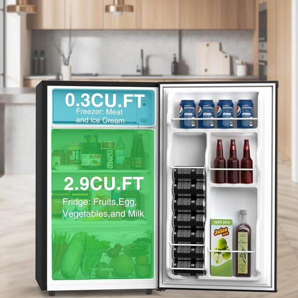 OLIXIS KEOLI-X98ABK Mini Fridge with Freezer, 3.2 Cu.Ft Single Door Refrigerator with Adjustable Thermostat, Black - Image 2