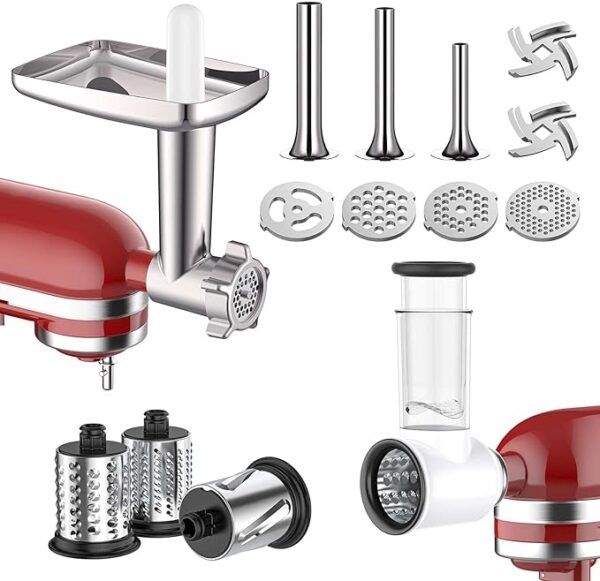 Meat Grinder & Slicer Shredder Attachments for KitchenAid Stand Mixer, Meat Grinder with Sausage Stuffer Tubesand and Slicer Shredder Set, 2 Pcs Attachment Set for KitchenAid Mixers By Cofun