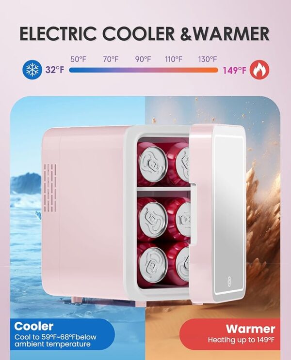 Skincare Fridge With Dimmable LED Light Mirror, 4L Makeup Mini Fridge for Bedroom, Car, Office & Dorm, Cooler & Warmer, Portable Small Refrigerator for Cosmetics, Skin Care and Food, Pink - Image 2