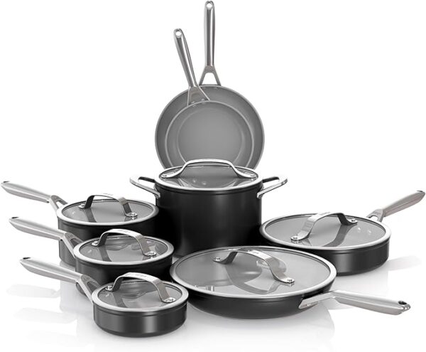 Ninja NeverStick Ceramic Pro 14-Piece Cookware Set, Non-Stick Pots & Pans Set with Glass Lids, Ceramic, Stainless Steel, Stove to Oven Safe, All Stovetops & Induction Compatible, Black, CW39014BK