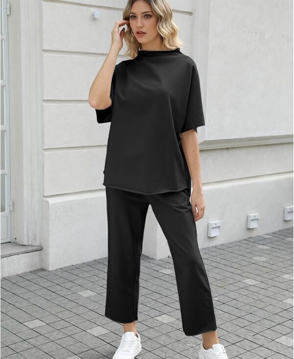 Women's Two Piece Outfits 3/4 Batwing Sleeve Capelet Crew Neck Pullover Top Wide Leg Pants Lounge Set - Image 5