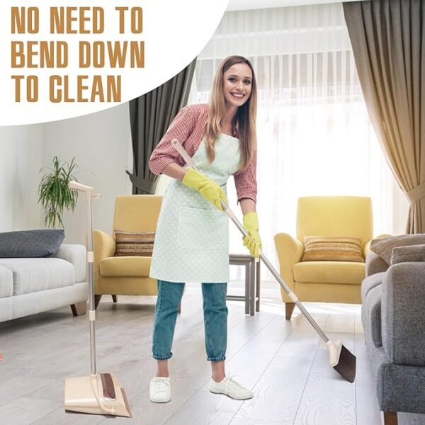Broom and Dustpan Set with Long Handle, Light Weight Stainless Steel Poles Stand Upright Dustpans with Broom Combo for Home Kitchen Office Pet Dog Hair, Brown & Beige Color, 1-Pack - Image 6