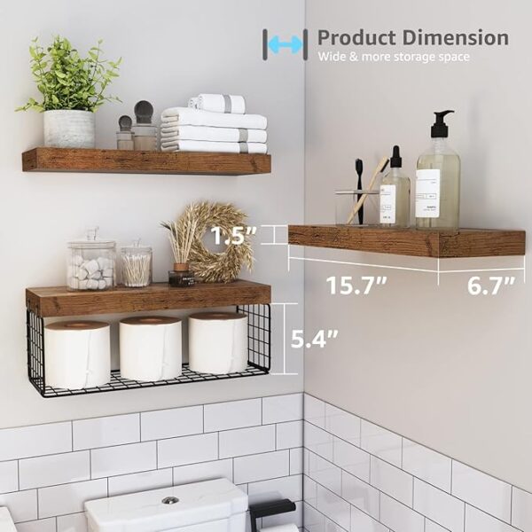 QEEIG Bathroom Shelves Over Toilet Wall Mounted Floating Shelves Farmhouse Shelf Toilet Paper Storage Small 16 inch Set of 3, Rustic Brown (019-BN3) - Image 6