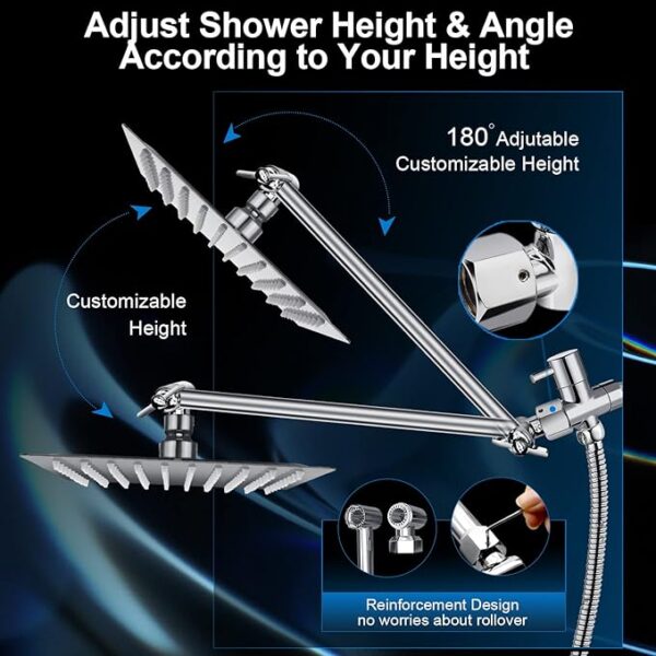 Shower Head Combo,10 Inch High Pressure Rain Shower Head with 11 Inch Adjustable Extension Arm and 5 Settings Handheld ,Powerful Shower Spray Against Low Pressure Water with Long Hose - Image 2