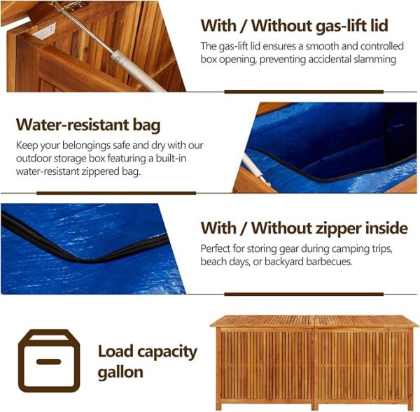 vidaXL Outdoor Storage Box, [Load Capacity Gallon] Deck Box with Gas-Lift Lid, Storage Chest with Water-Resistant Zippered Bag Inside, 68.9''x31.5''x29.5'', Solid Acacia Wood - Image 6