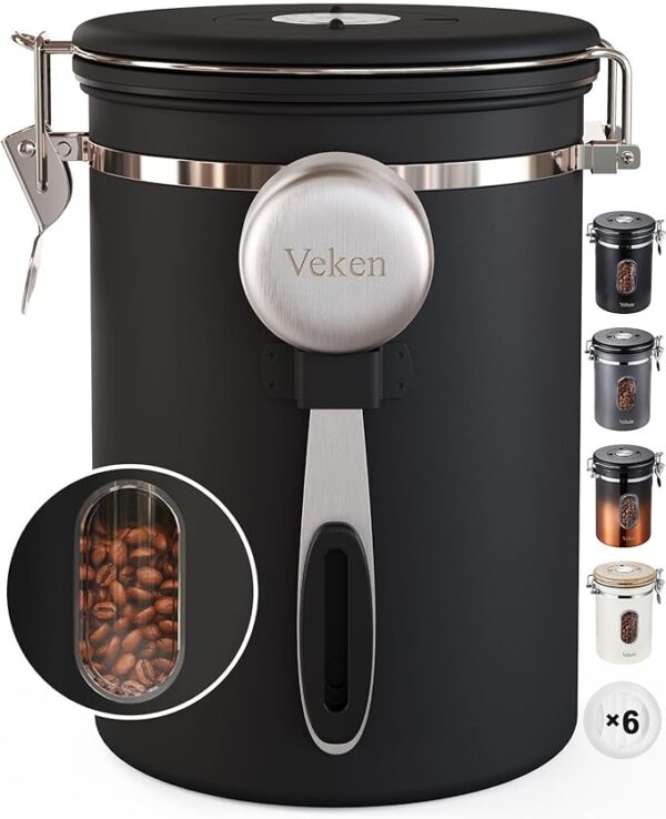 Veken Coffee Canister with Window, Airtight Stainless Steel Kitchen Food Storage Container, Date Tracker and Scoop for Grounds Coffee Bar Accessories, Beans, Tea, Flour, Cereal, Sugar, 22OZ, Black