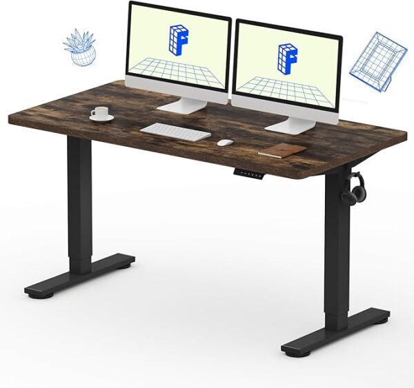 FLEXISPOT Adjustable Desk, 55x28 Electric Standing Desk Sit Stand Desk Whole-Piece Desk Board for Home Office (Black Frame + Rustic Top, 2 Packages)