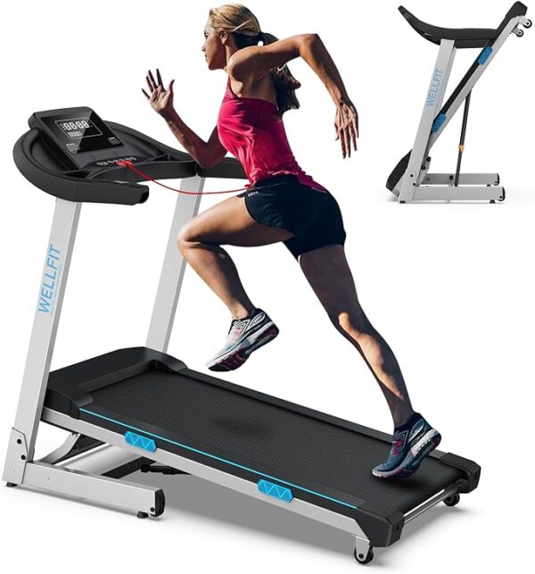 WELLFIT Home Gym Treadmills 15% Auto Incline, 3.5HP Treadmill 350lbs Capacity, Foldable Treadmill for Small Space, Voice Control, LED Console Display, Music Players, 45 * 18 Large Area, 95% Assembled