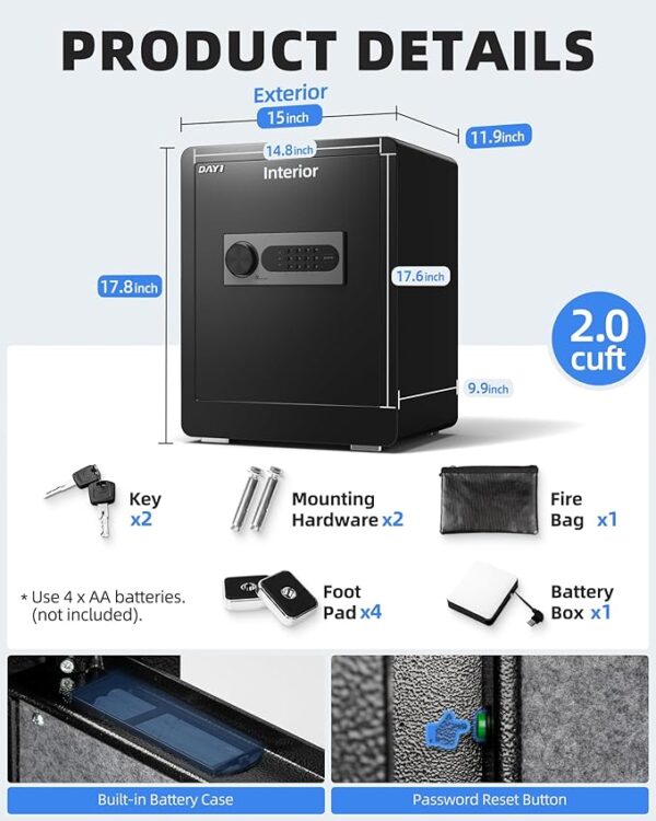 DAYI Safe Box, 2.0 Cubic Feet Home Safe with Fireproof Waterproof Bag, Security Safe Box for Money Cash Valuables, Digital Electronic Keypad, Dual Alarm System, Removable Shelf - D-45 - Image 4