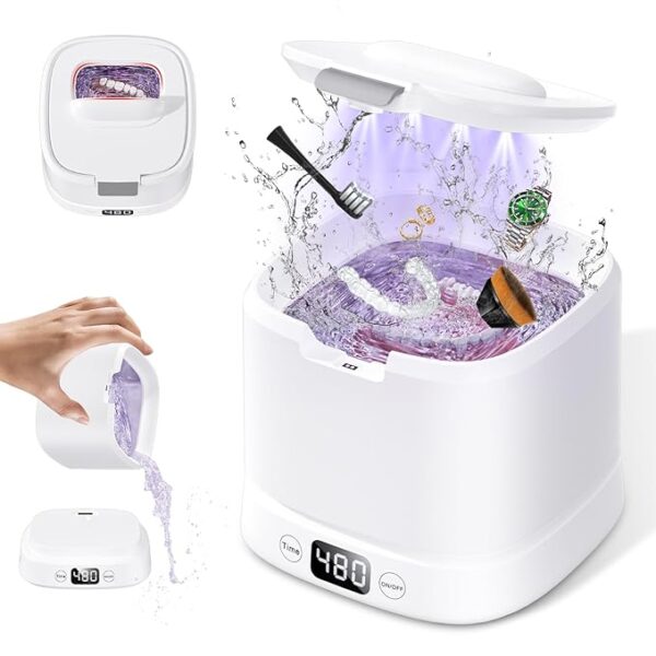 Ultrasonic Retainer Cleaner Machine,Dental Cleaning Pod, Sonic Retainer Cleaner Ultrasonic Machine with Digital Timer for Dentures,Aligners,Braces,Night Guards,Jewelry 45kHz(White)