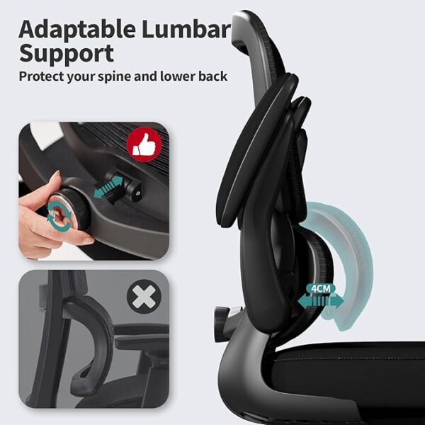 Office Chair - Ergonomic Desk Chair with Adjustable Lumbar Support, Mesh Computer Chair, Executive Chair for Home Office Comfortable Lumbar Support (Black) - Image 6