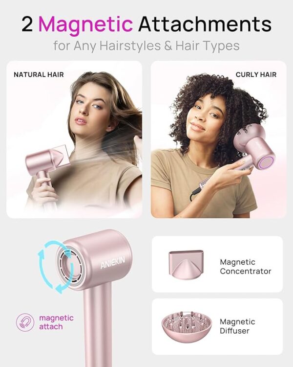 Hair Dryer, High-Speed Ionic Low Noise Blow Dryer with Brushless Motor for Fast Drying, Thermo-Control Quiet Compact Hair Blow Dryer with Magnetic Diffuser for Curly Hair for Home Travel Salon - Image 5